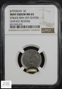 ND Struck 85% Off Center Uniface Reverse Mint Error Jefferson Nickel NGC MS 65 - Picture 1 of 5