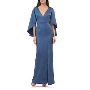 NEW JS Collections Satin Surplice Trumpet Gown Batwing Cape Maxi Dress Blue 4 - Picture 1 of 10