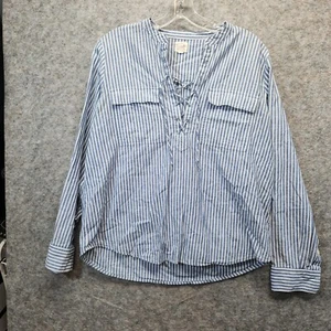 J.Crew Women's Blue & White Striped Lace-Up Long Sleeve Pocket Shirt Top Size M - Picture 1 of 6