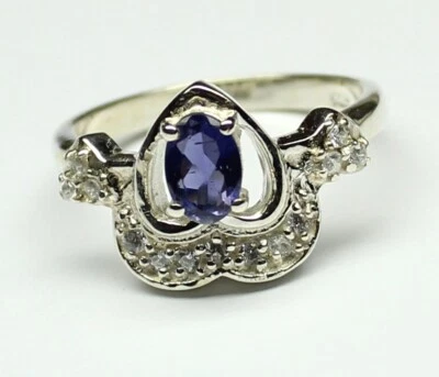 Excelente anillo de corazón de plata 925 de iolita azul genuino, anillo de compromiso, anillo de promesa Foto 1 de 4