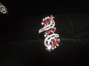 SILVER PLATED SWIRL CREATED RUBY SIMULATED DIAMOND ACCENTS EVENING RING SIZE 7 - Picture 1 of 3
