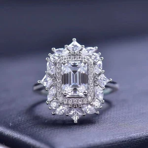 2 Ct Solitaire Emerald Cut Moissanite 18K White Gold Halo Engagement Ring - Picture 1 of 7