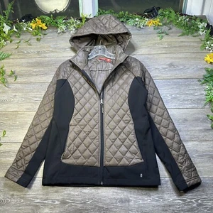 Puffer Jacket Size XS Womens IZOD Brown / Black Rain Jacket Hooded Excellent - Picture 1 of 24