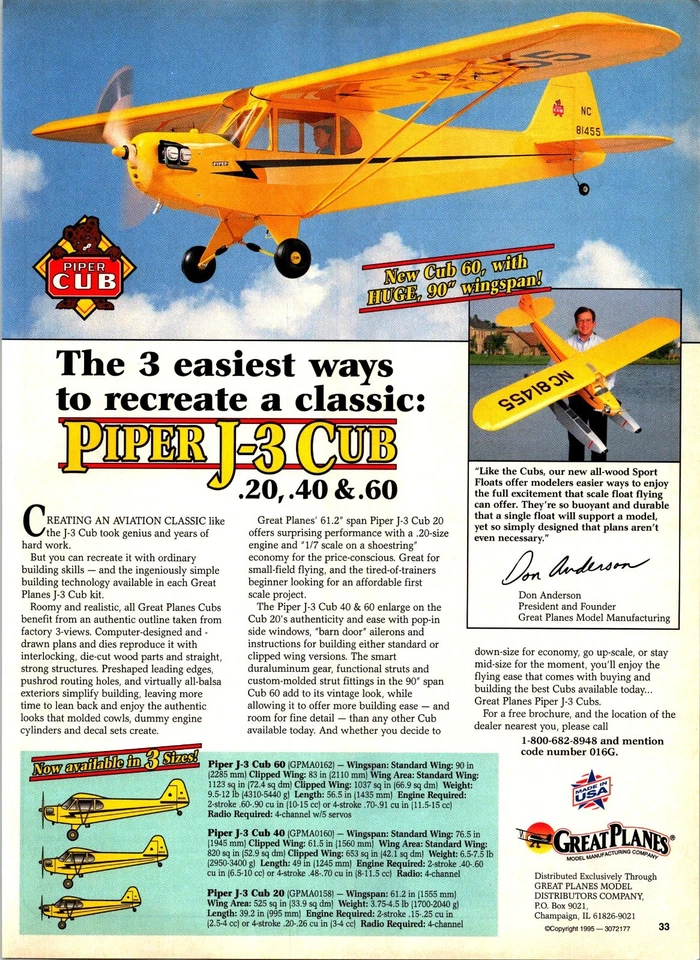 Piper J-3 Cub RC Airplane Print Ad Wall Art Decor Ephemera Great Planes - Image 1 of 1