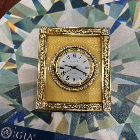 FABERGE Guilloche Coronation Yellow Enamel w/Crystals Desk Clock 2 3/8" x 2 3/4" Cover