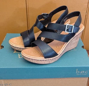 Womens BOC Born Concept Schirra Black Faux Leather Cork Wedge Sandals Size 10 - Picture 1 of 12