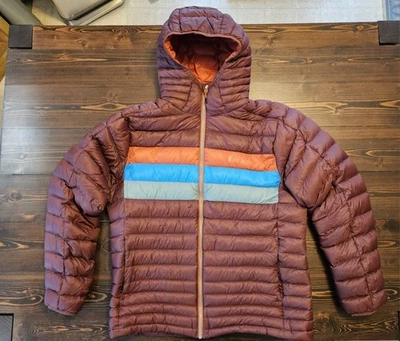 Cotopaxi Men's Fuego Hooded 800 Fill Down Jacket Brown Chestnut Stripes  EUC - Image 1 of 4
