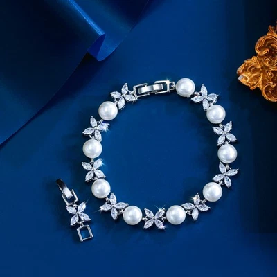 Brazalete plateado de perlas de circonita cúbica con flor rosa para mujer novias boda Foto 1 de 4