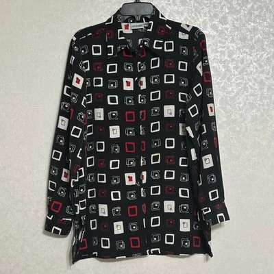 Liz Baker 黑色几何衬衫白色方形印花纽扣长袖上衣 L — 第 1/4 张图片