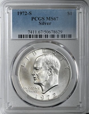 1972-S $1 EISENHOWER IKE DÓLAR PRATA SAN FRANCISCO PERFEITO ESTADO PCGS MS67 #50678629 - Imagem 1 de 4