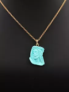 collana donna ciondolo turchese volto di Cristo catena argento 925 placcato oro - Foto 1 di 8