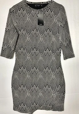 女士的芒果基础黑色和白色图案 3/4 袖连衣裙尺寸 6 中号免费送货 — 第 1/4 张图片