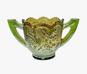 Antiguo azucarero imperial de vidrio de carnaval con patrón de flores verdes ~ 1920’s - Imagen 1 de 8
