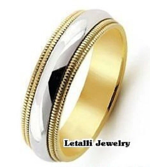 14K TWO TONE GOLD MENS WEDDING BAND RING MILGRAIN SHINY FINISH 6.5MM - Image 1 of 1
