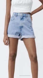 ZARA Pale Denim Shorts UK Size 6/ 34 Mom Fit Light Blue Cut Offs BNWT High-Rise - Picture 1 of 6