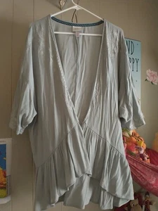 Knox Rose Women M Embroider Poly Rayon Top Wrap Jacket~BOHO~Sage~SS~Feminine~EXC - Picture 1 of 8