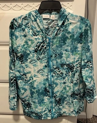 Weekends by Chico’s Teal and Black Patterned Zip-Up Hoodie- Size 2 - Image 1 of 4