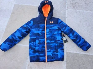 NEW Boy's Youth S Under Armour Puffer Jacket Blue Camo Full Zip Hooded XStorm - Picture 1 of 4