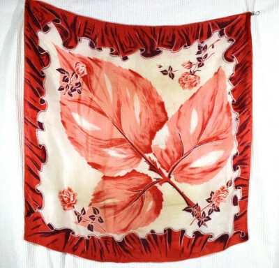 Vtg 50s Fine Nylon XLarge Red Scarf 33" Square Ruffle Print 4 Corner Rose  - Image 1 of 4