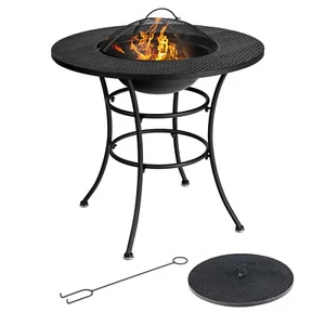 Outdoor 31.5" Fire Pit Dining Table Charcoal Wood Burning W/ Cooking BBQ Grate - Picture 1 of 8