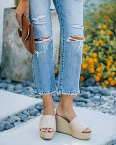 NEW Natural Jute Raffia Espadrille Slide Sandal Open Toe Platform Wedge Heel - Picture 1 of 6