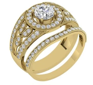 Lab Grown Round Diamond VS F 1.65 Carat Halo Filigree Bridal Set Ring 10K Gold - Picture 1 of 10