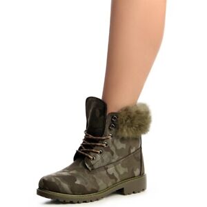 Damenschuhe Worker Boots Stiefeletten Schnür Booties Kunstfell Camouflage 36