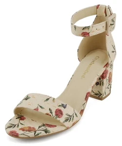 Klassifizierte Damen-Sandalen niedriger klobiger Absatz offene Zehenpartie Knöchelriemen Kuchen Blumenmuster beige - Bild 1 von 5