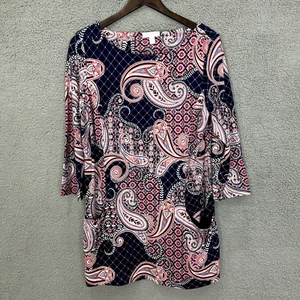 Charter Club Sheath Dress Women Large Blue Paisley 3/4 Sleeve Stretch Boho Retro - Picture 1 of 6