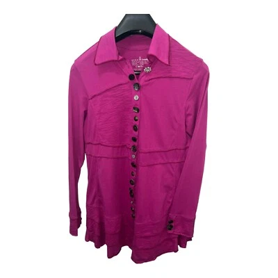 Jaqueta túnica pequena Buda neon rosa fúcsia vários botões para baixo Lagenlook artística - Imagem 1 de 4