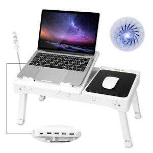 Foldable Laptop Table Bed Notebook Desk with Cooling Fan Mouse Board LED light 4