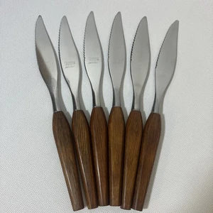 Bonito Juego de 6 CUCHILLOS PARA CARNE CON MANGO DE MADERA DE FLORA MCM True Vintage Mid Century - Imagen 1 de 17