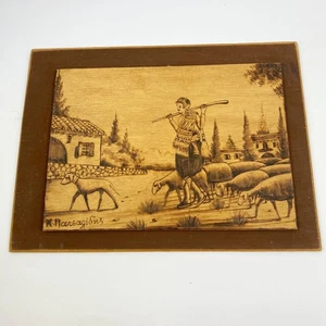 Vintage Cypriot Wood Burned Art Plaque Shepherd & Sheep Signed Lambousa Cyprus - Picture 1 of 9