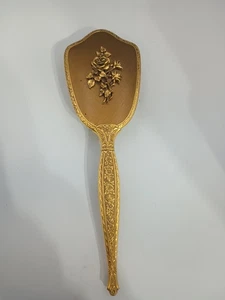 Vintage goldfarbene Kosmetik Haarbürste | Handheld Rose Floral Design USA - Bild 1 von 6