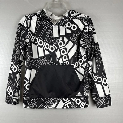 Adidas Hoodie Kids Size M 10/12 Black And White Logo Design All Over Print - Image 1 of 4
