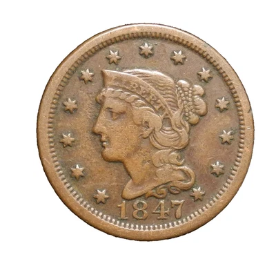 1847 Braided Hair Large Cent 1C Looks Better In Hand ecoinsales - Image 1 of 2