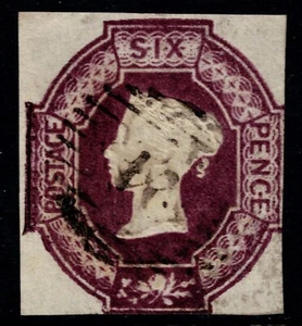 1847 6d malva goffrata SG 60 taglio quadrato filigrana rovesciata VFU cat. £1.000,00 - Foto 1 di 1