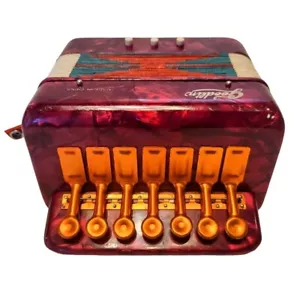Fisarmonica vintage Goodlin Midget bambini taglia bottone rosso perarloide - Foto 1 di 8
