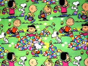Peanuts Easter Egg Hunt Rainbow Charlie Brown Snoopy Cotton Fabric 17" x 44" - Picture 1 of 2
