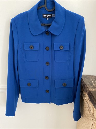 Giacca blu designer Karl Lagerfeld Paris con bottoni sul davanti taglia 10 ispirata a Prada