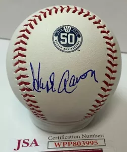 Cerveceros HENRY "HANK" AARON Firmado 50 Aniversario Béisbol #2 AUTO Braves JSA - Imagen 1 de 3