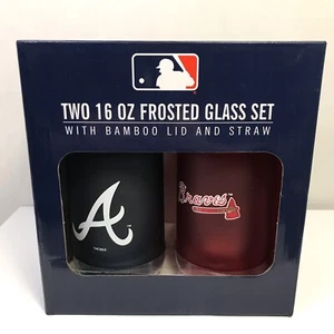 Atlanta Braves Two 16 Oz Frosted Glass Set Bamboo Lids Straws Memory Co. - Picture 1 of 15
