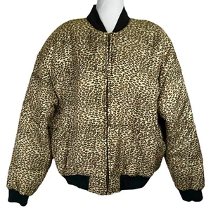 Vintage 1010 Silk Puffer Jacket Size Large Bomber Quilted Leopard Print 80s 90s - Picture 1 of 15