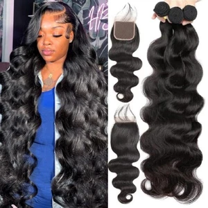 Body Wave Human Hair Bundles with Closure 3 Bundles 22"24"26"+ 22" 4×4 Lace - Picture 1 of 11