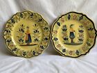 Pair of Vintage Henriot Quimper Yellow Campagne Wall Plates w/Breton Man & Woman