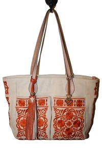 Brighton Casablanca Embroidered Tote Bag Orange Natural Floral EUC - Picture 1 of 9