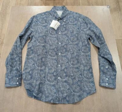 $980 Mens Brunello Cucinelli Paisley Linen LS Button Up Sport Shirt Navy Medium - Image 1 of 4