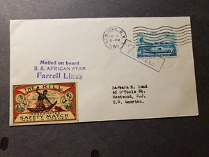 Ship SS AFRICAN STAR, FARRELL Lines Naval Cover 1959 Cachet PAQUEBOT - Picture 1 of 2