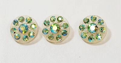 3 Vintage Green AB Rhinestone Yellow Plastic Flower Buttons - Image 1 of 3