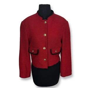 EUC Zara Tweed Jacket Cropped Blazer Gold Buttons Red Black Trim Womens M - Picture 1 of 8